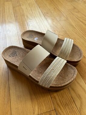Reef Women’s Beige Two-Strap Woven Slide Sandals
